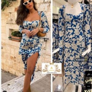 ZARA Printed Floral Midi Dress Blue Large